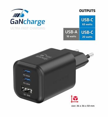 SWISSTEN SÍŤOVÝ ADAPTÉR GaN 2x USB-C 65W PD + 1x USB-A 18W QC ČERNÝ