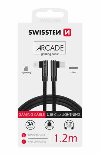 SWISSTEN TEXTILNÍ DATOVÝ KABEL ARCADE USB-C / LIGHTNING 1,2 M ČERNÝ