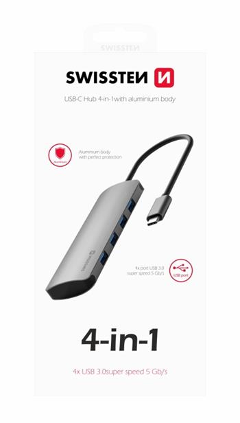 SWISSTEN USB-C HUB 4-IN-1 (4x USB 3.0) ALUMINIUM