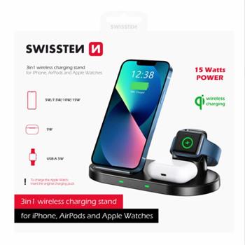 SWISSTEN WIRELESS NABÍJEČKA 3v1 STAND ČERNÝ