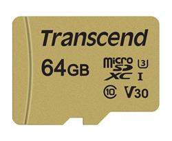 Transcend 64GB microSDXC 500S UHS-I U3 V30 (Class 10) MLC paměťová karta (s adaptérem), 95MB/s R, 60MB/s W